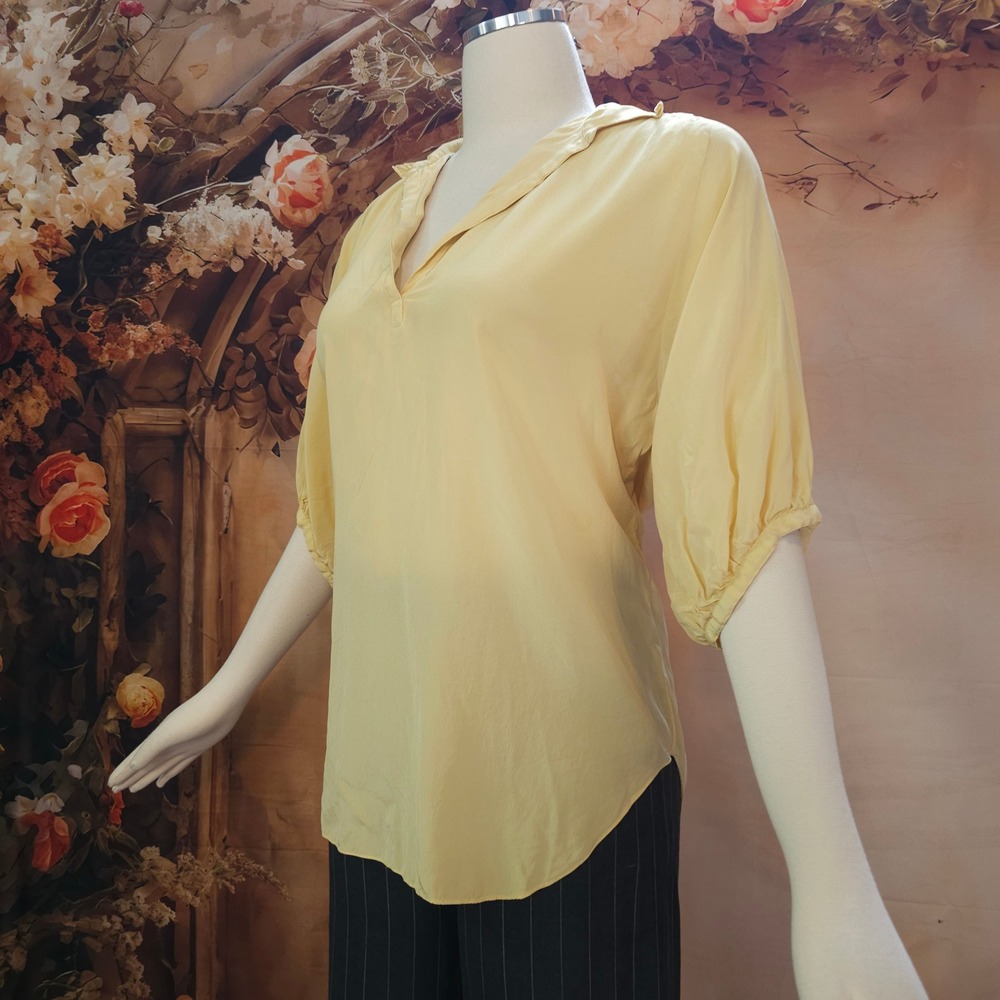 Vintage 1970's Blouse Top Shirt Ruffle Collar Puff Sleeve V-Neck Yellow Gold